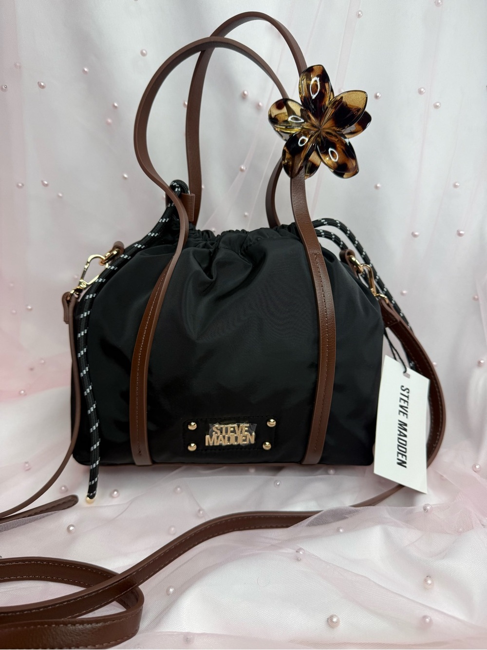 Steve Madden Black Belanor Nylon Drawstring Pouch